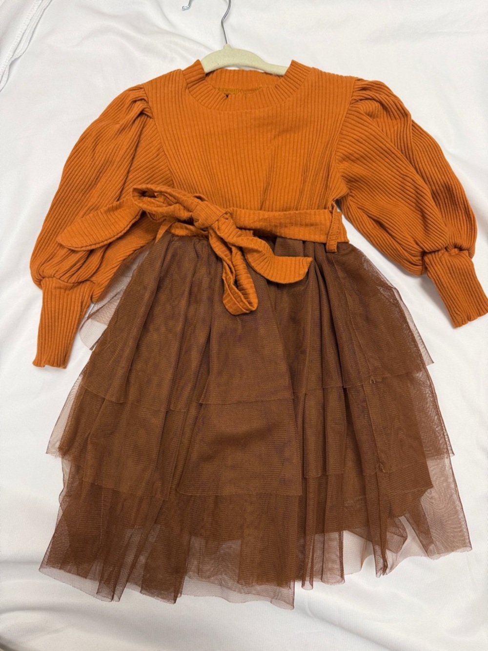 Rust Orange Knit Puff Sleeve Top with Brown Tulle Skirt Dress